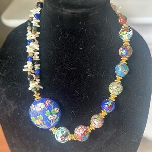 Blue Floral Cloisonné-Style Statement Necklace - Women Jewelry